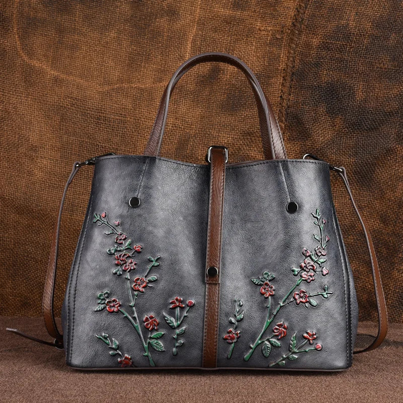 Genuine Leather Retro Embossed Women Crossbody Handbag