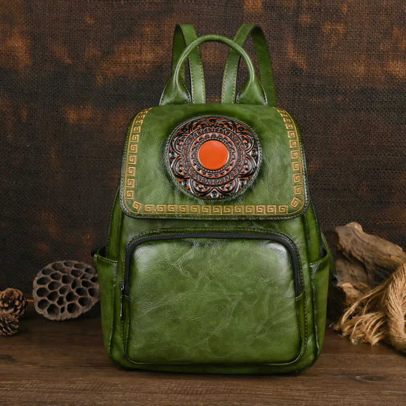 Vintage Handmade Leather Backpack Embossed Large Capacity Bag