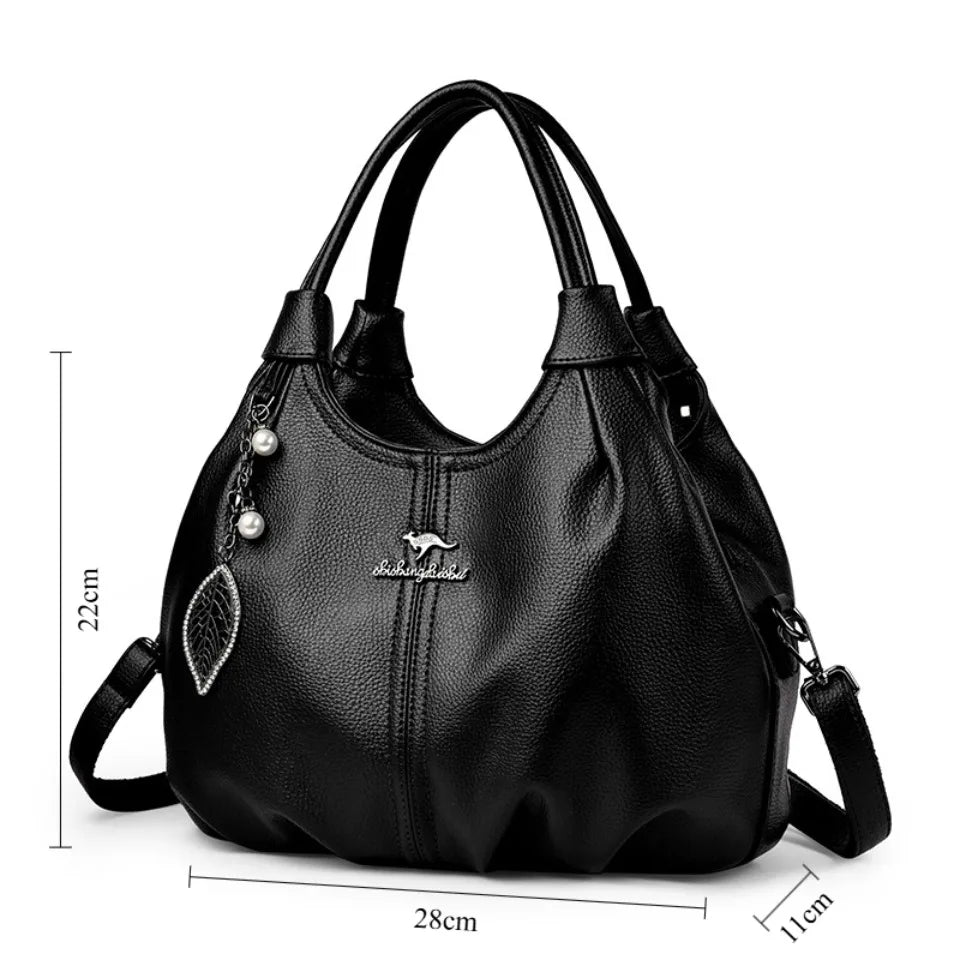 Soft Leather Hobo Handbag 3 Layer Shoulder Crossbody Bag with Pearl Leaf Pendant