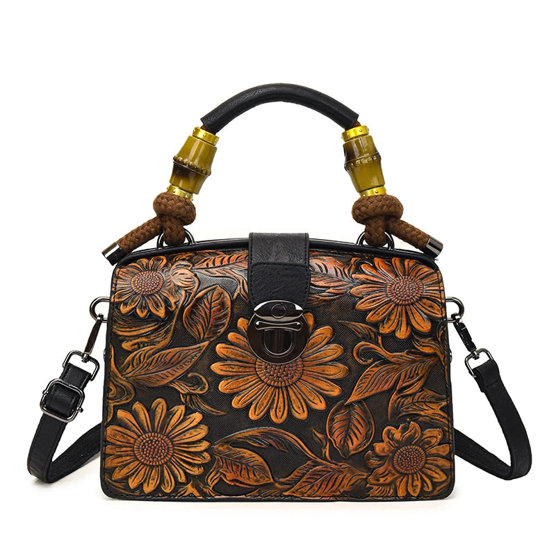 Vintage Embossed Handmade Handbags Top Quality PU Leather Tote