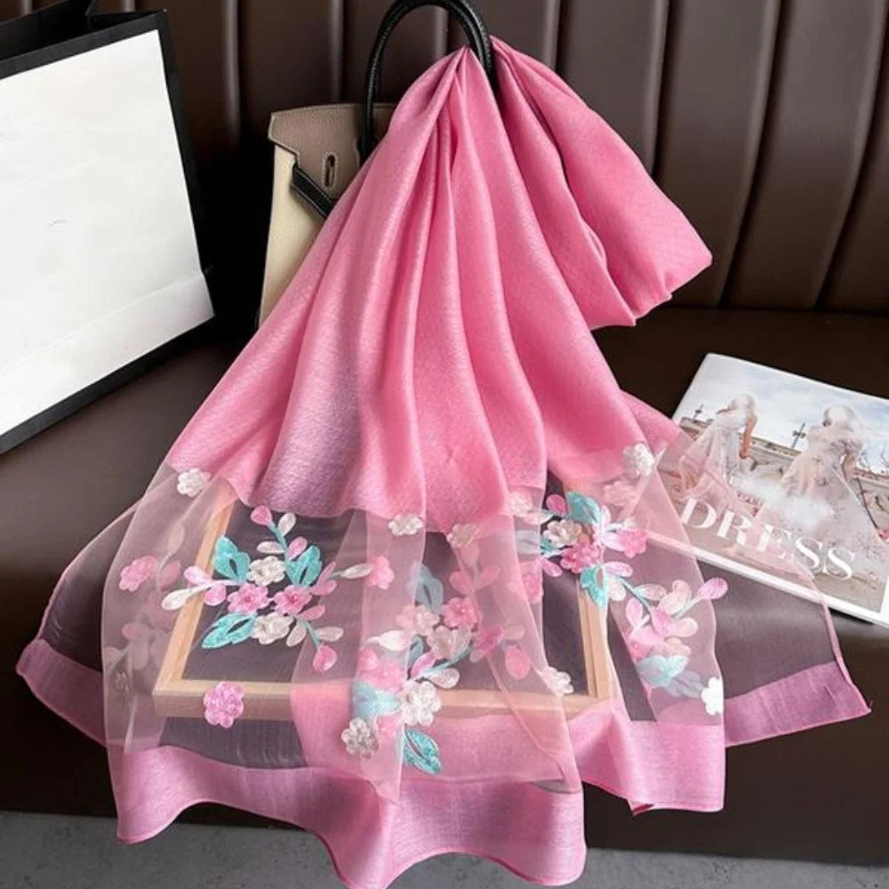 Elegant floral embroidered silk scarf for women stylish sunscreen beach shaw