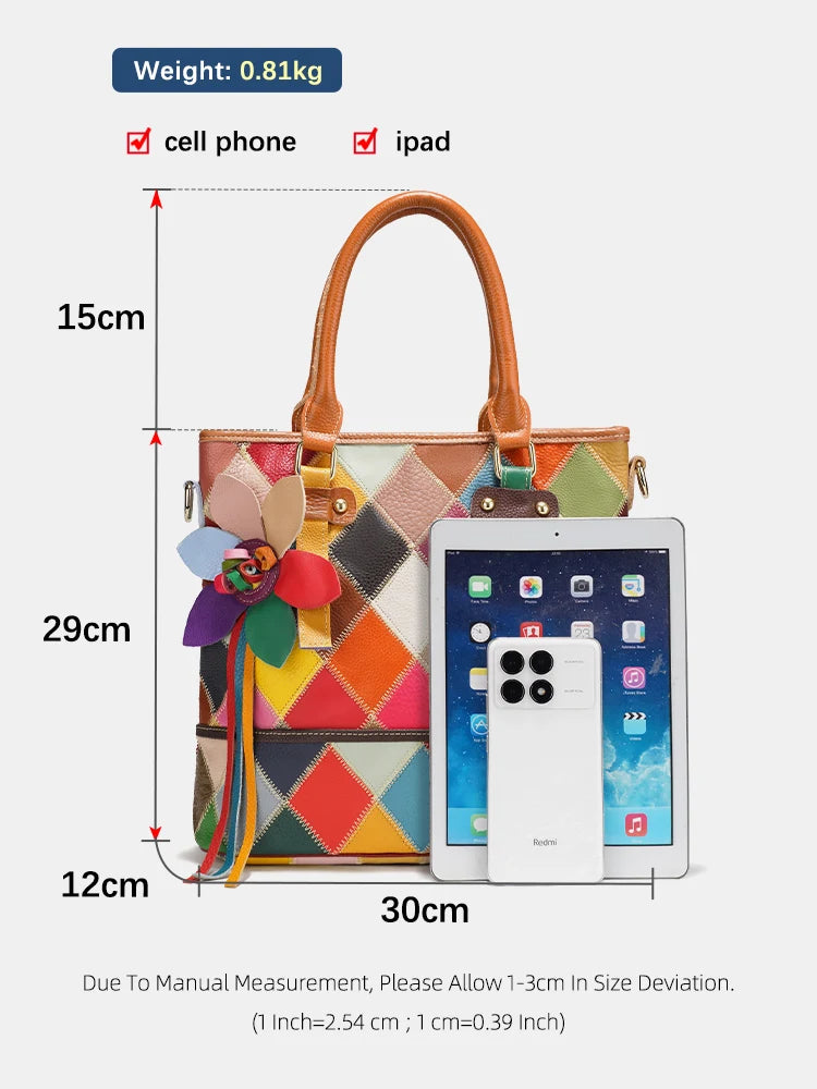 Fashionable Patchwork Tote Bag Genuine Leather Large Capacity