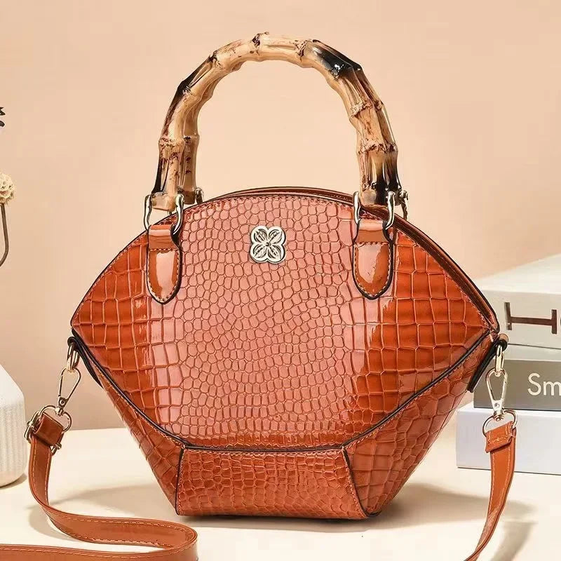 Fashionable Bag Texture Retro Bamboo Handbag Niche Creative Stone Pattern Leather Bag