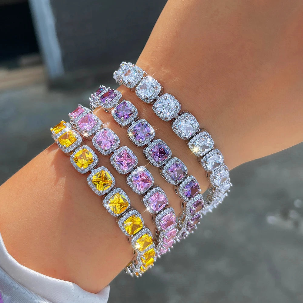 Luxury Brilliant Purple Pink Yellow Zirconia Square CZ Tennis Bracelet Jewelry for Women