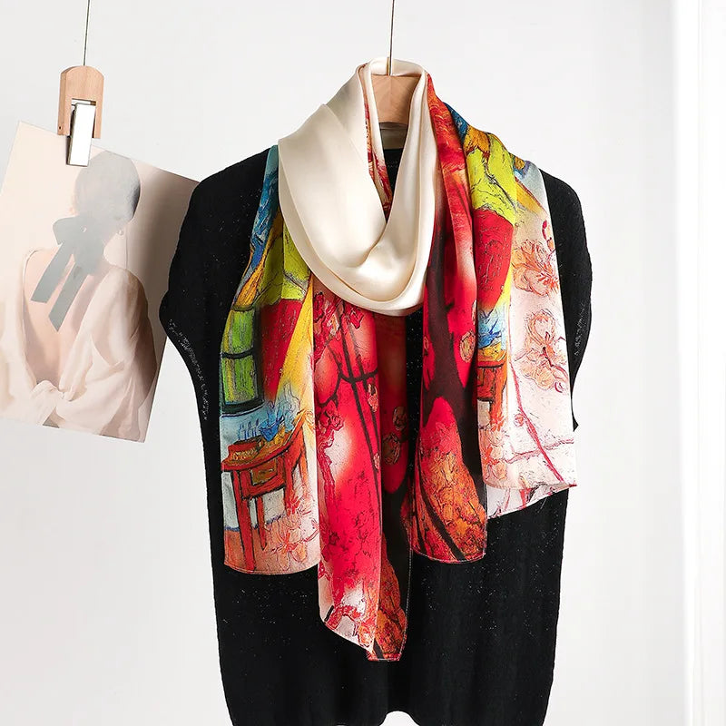 Luxury brand 100% Real silk scarf elegant floral print designed shawl