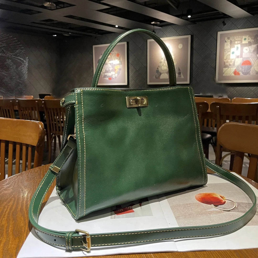 Oil Wax Cow Leather Tote Bag Small Vintage Genuine Leather Bag