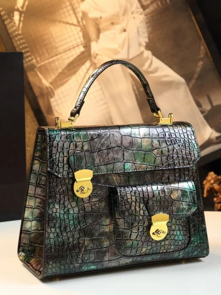 Genuine Leather Gradient Crocodile Pattern Messenger Bag