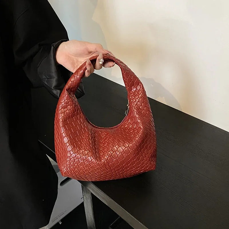Classic Fashion Woven Embossed Soft PU Leather Small Top Handle Shoulder Bag