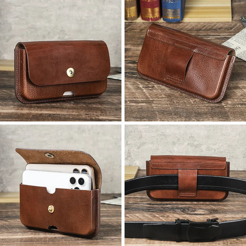 Cow Leather Belt Phone Pouch Magnetic Buckle Design