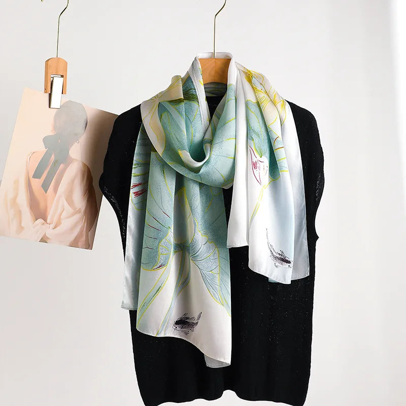 Luxury brand 100% Real silk scarf elegant floral print designed shawl