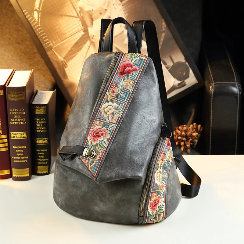 Retro Genuine Leather Women Backpack Embroidered Design Ladies Bag Travel Backpacks