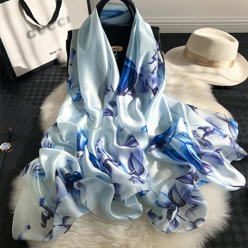 180*90cm Large Silk Satin Scarf Hijab Women Print Shawl
