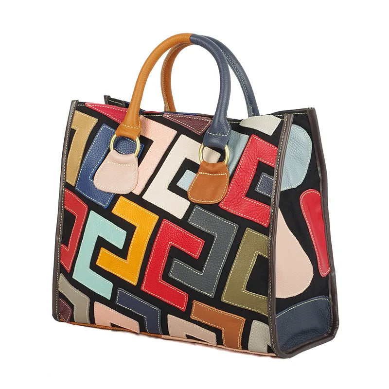 Genuine leather women's bag beautiful style color contrasting design large capacity tote bag