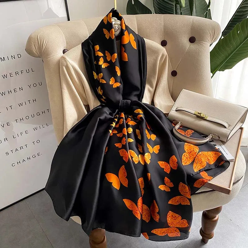 180*90cm Large Silk Satin Scarf Hijab Women Print Shawl