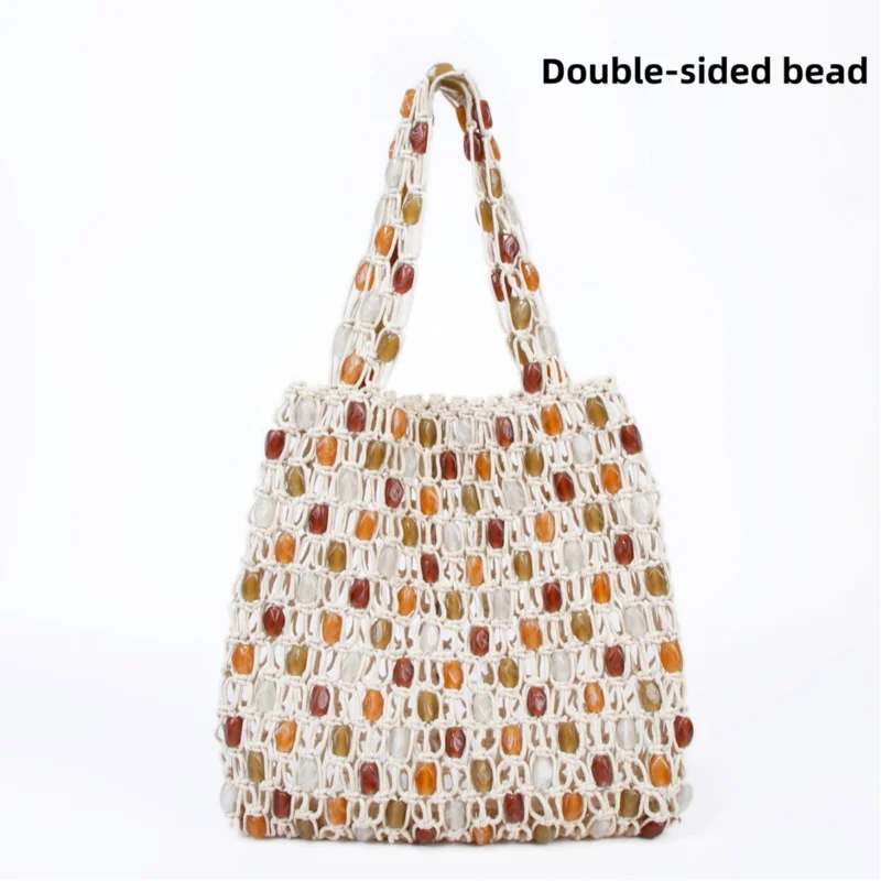 Hand-woven Beaded Tote Wooden Handle Knitted Bag