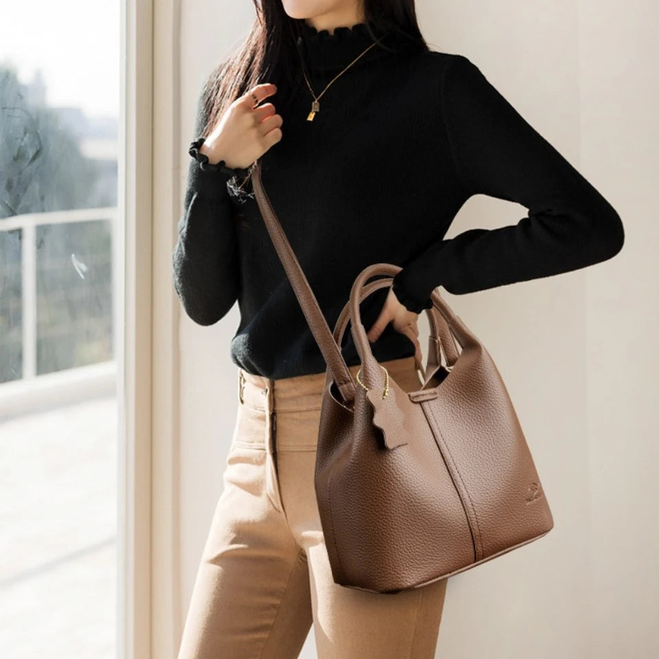 Genuine Brand Soft Pu Leather Women Bucket Bag High Quality Tote Handbag