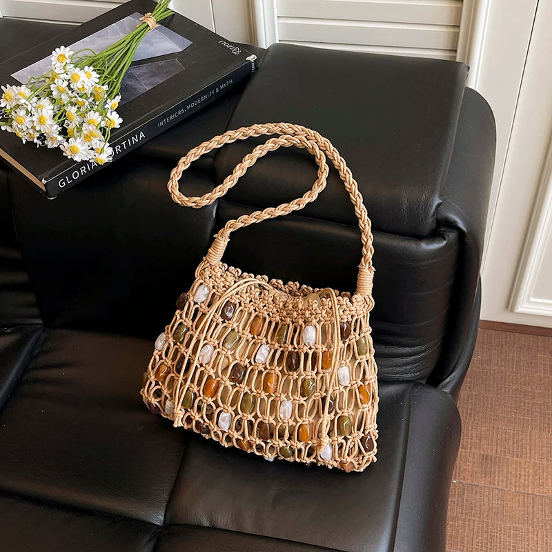 Beaded Crochet Mesh Tote Handmade Woven Hollow Out Bag