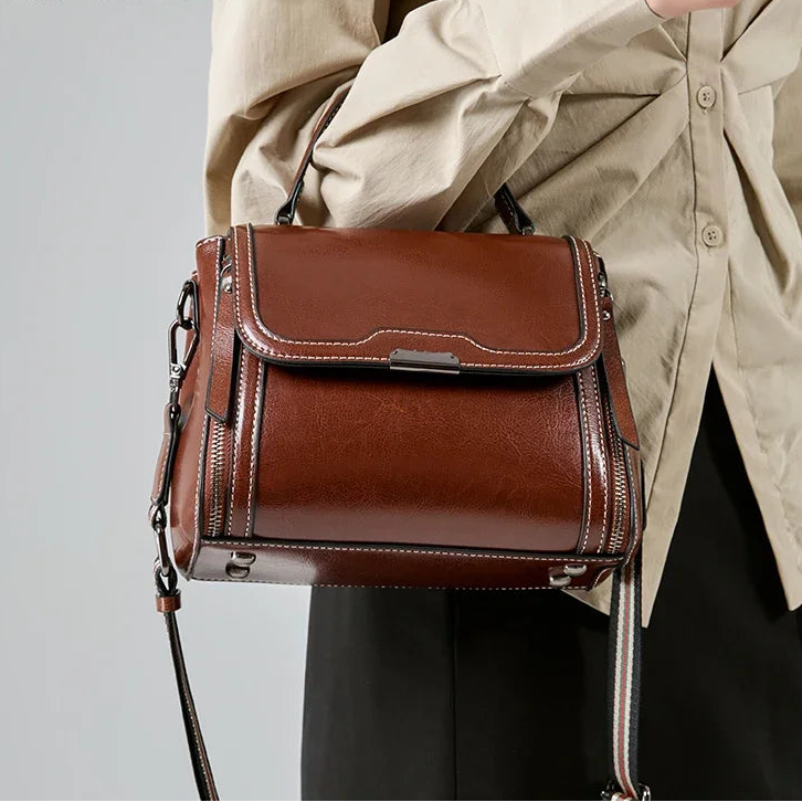 Women's Luxury Design Oil Wax Cowhide Leather Handbag