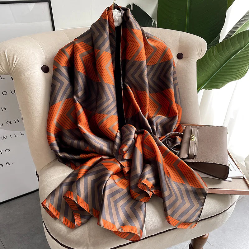 180*90cm Large Silk Satin Scarf Hijab Women Print Shawl