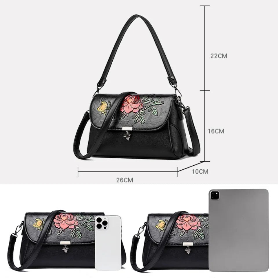 Vintage 3D Floral Embossed Crossbody Bag Soft Leather Elegant Bag Luxury Handbag