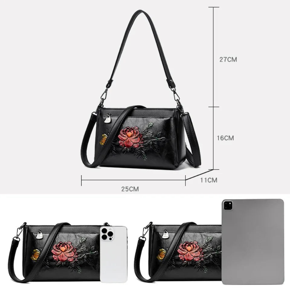 Genuine Brand Top Quality Pu Leather Vintage 3D Floral Embossed Elegant Handbag