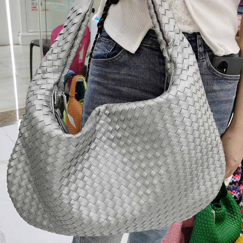 Trendy Woven Hobo Bag Vegan Leather Handmade Tote