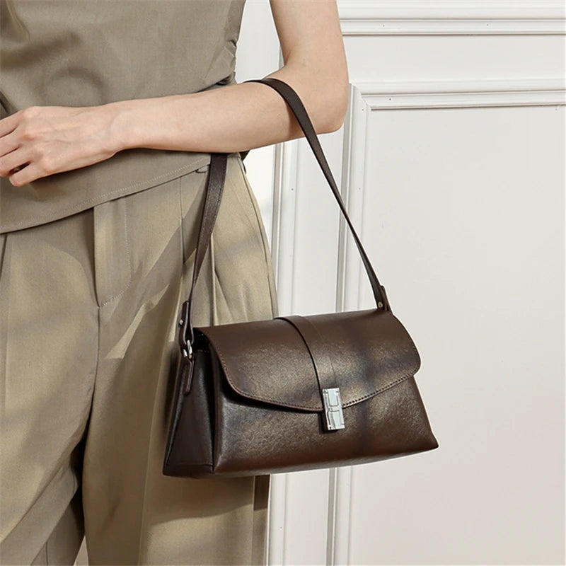 Genuine Leather Flap Shoulder Bag Underarm Handbags