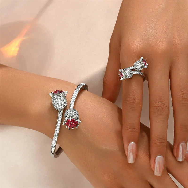 Luxury Zircon Open Rose Bracelets With Sparkling Crystals Chic Bangle Hand Jewelry