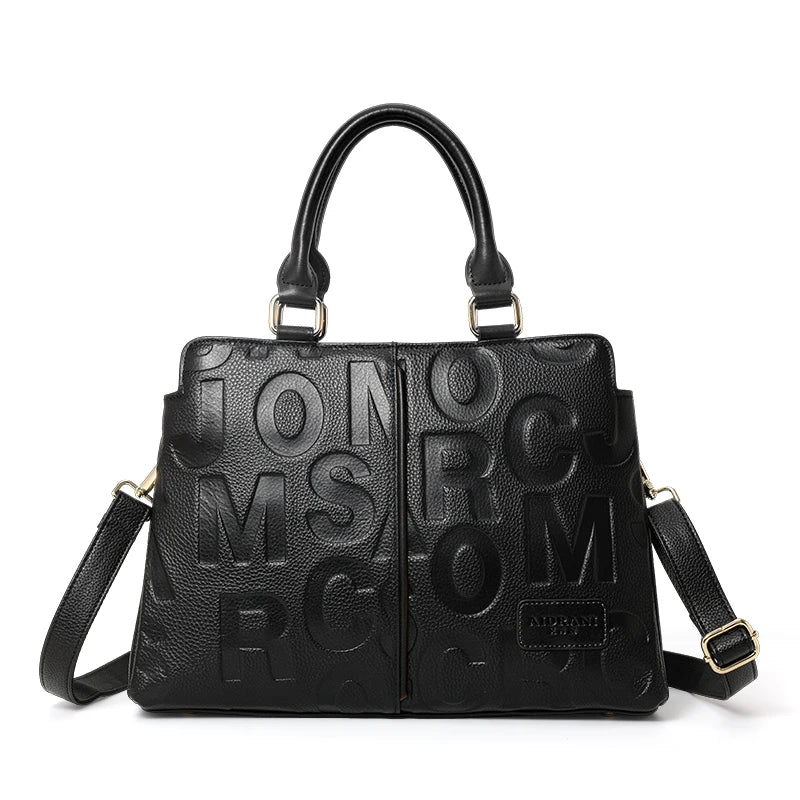 Ladies' Genuine Cowhide Leather Handbag with Letters Crossbody Large-Capacity Tote Bag