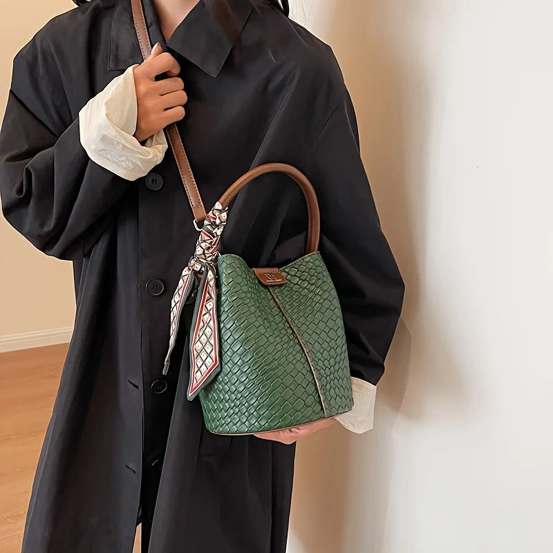 Fashionable Women's Bucket Bag Stylish Solid Color Woven Effect Handbag