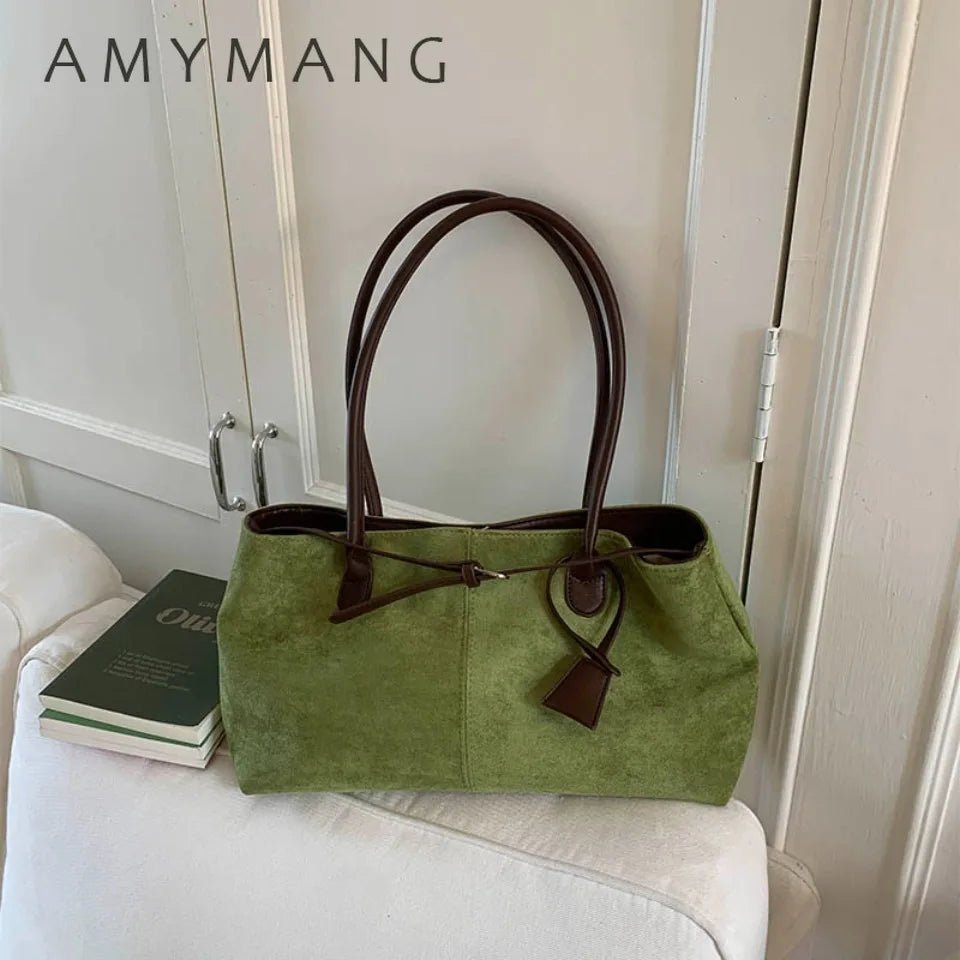 Vintage Faux Suede Leather Tote Bag Contrast Color Strap Casual Shoulder Handbag