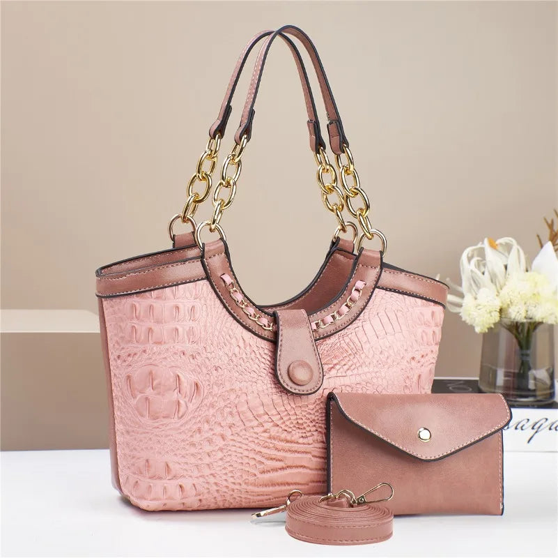2Piece Set Chain Exquisite Crocodile Patterned Purse Handbag Elegant Crossbody