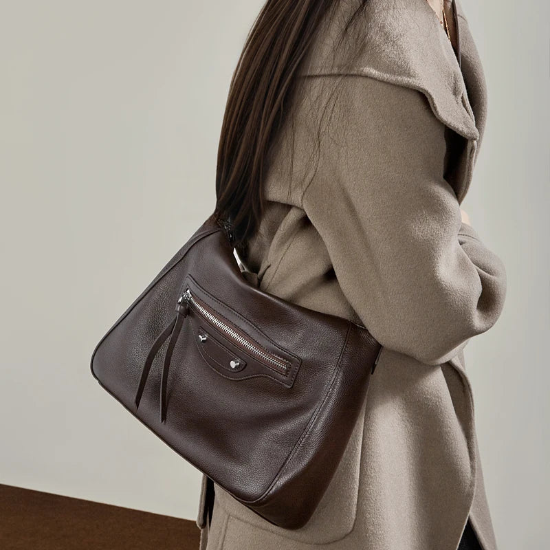 Retro Genuine Leather Underarm Shoulder Bag Luxury Design Solid Color Hobo
