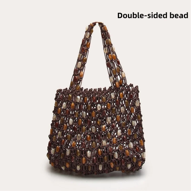 Hand-woven Beaded Tote Wooden Handle Knitted Bag
