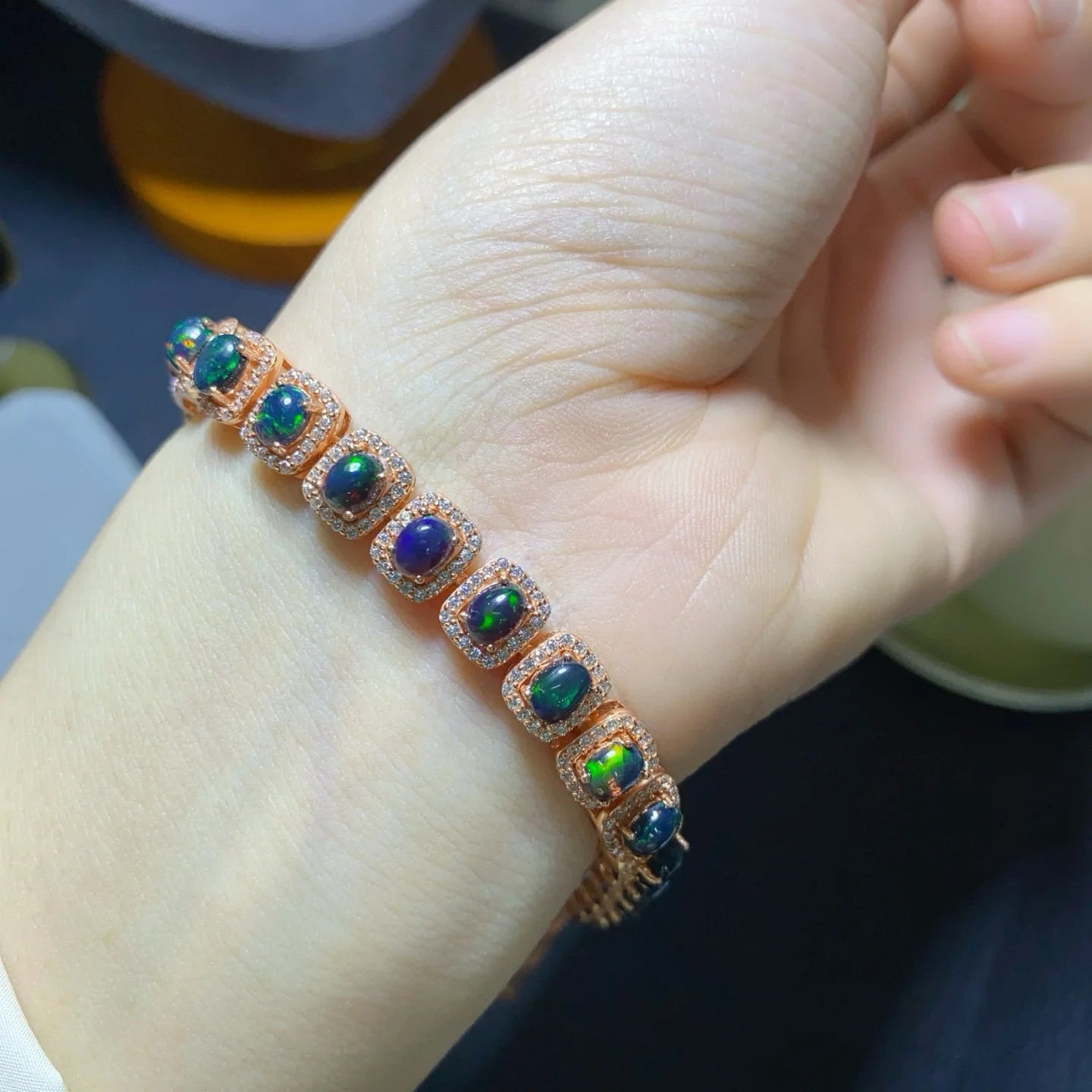 Natural Flash Fire Black Opal Bracelet 4*5mm Large Center Stone