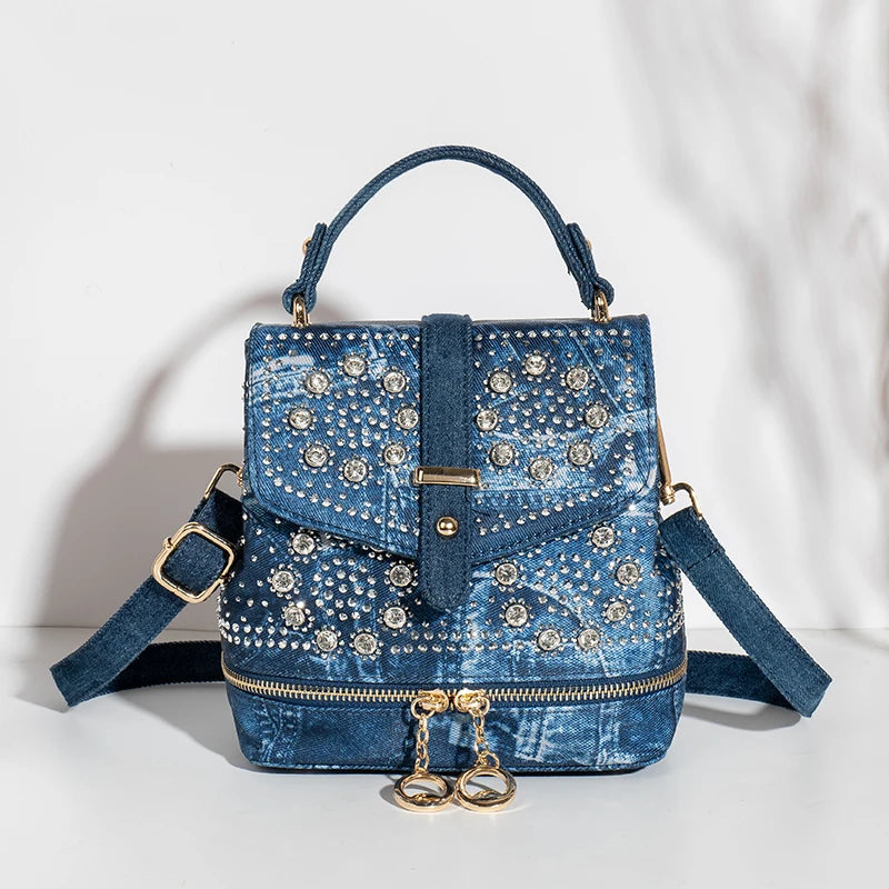 Diamond Appliques denim backpack multi-functional portable one-shoulder backpack