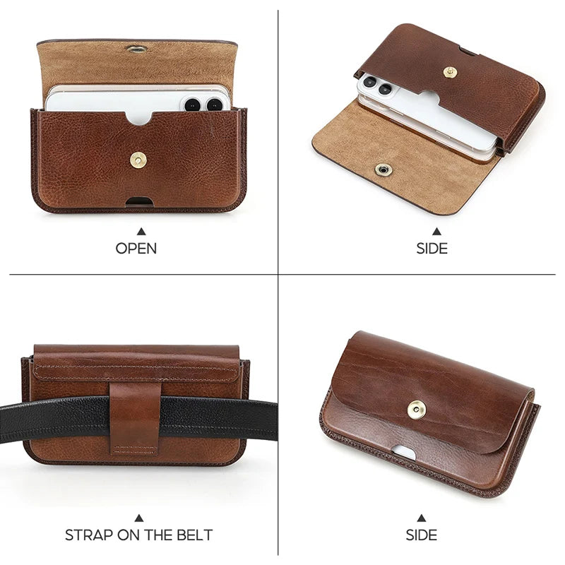 Cow Leather Belt Phone Pouch Magnetic Buckle Design