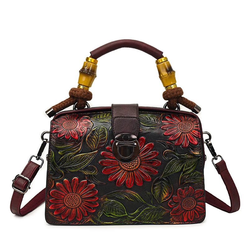 Vintage Embossed Handmade Handbags Top Quality PU Leather Tote