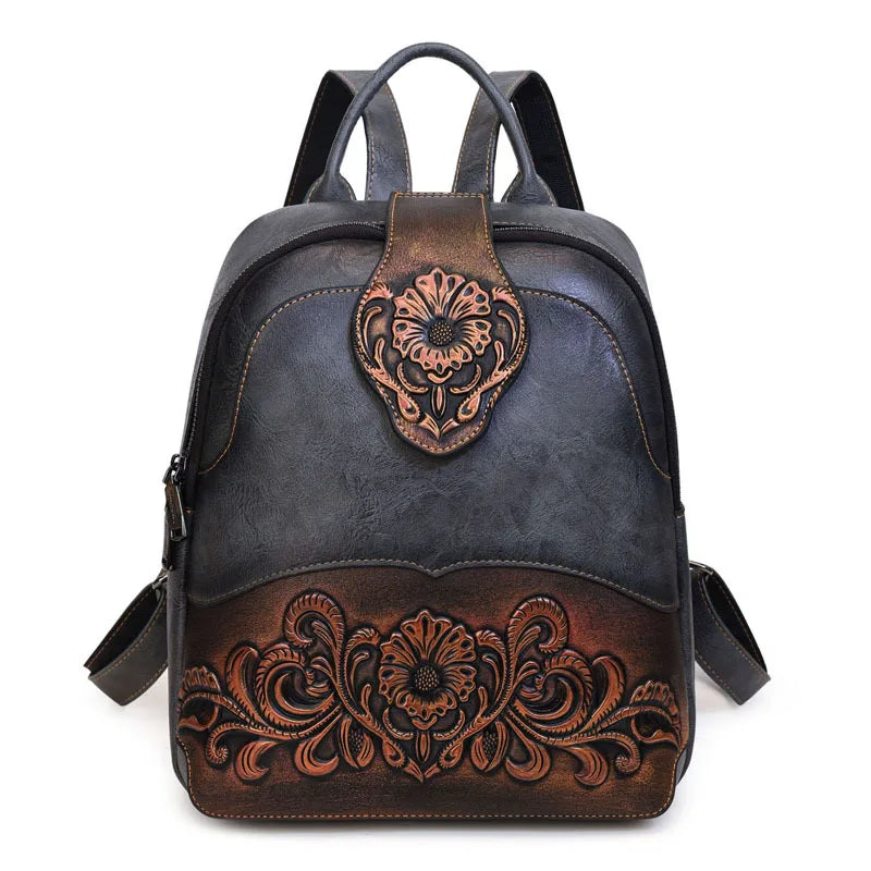 Vintage Embossing Women Backpacks Large Capacity Print Patchwork Travel Backpack