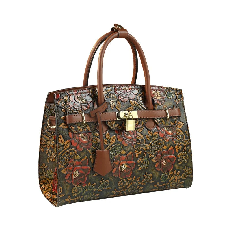 Retro Platinum Leather Handbag 3D Relief Floral Embossed Shoulder Bag for Women