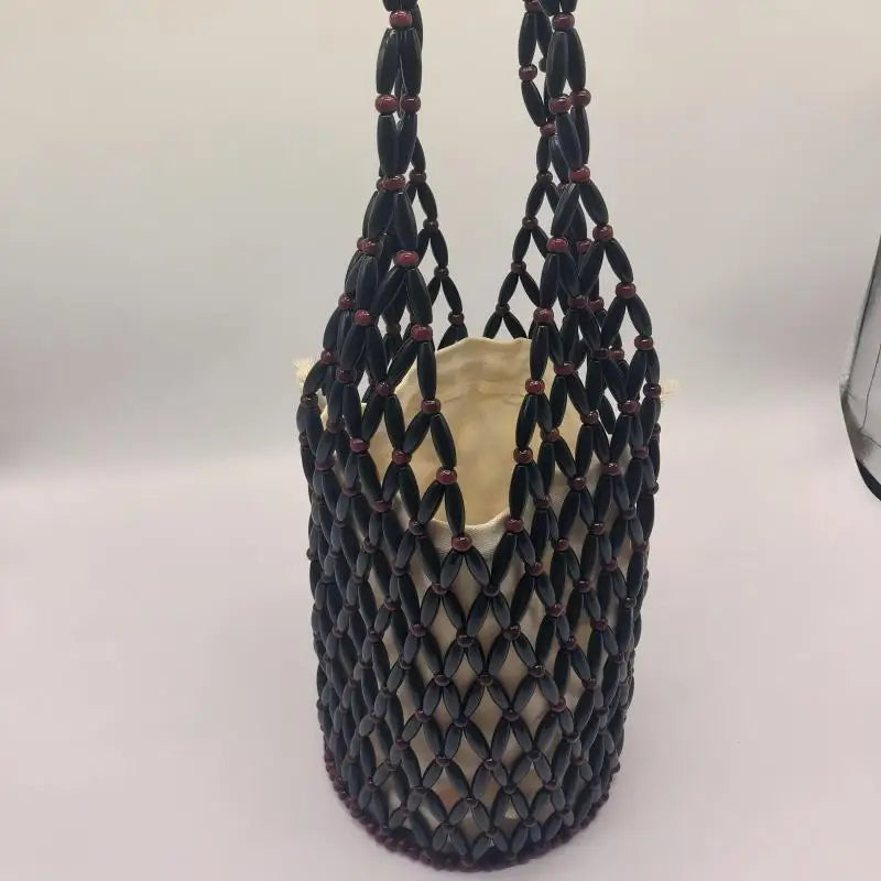 Handmade Beaded Shoulder Bag Hollow-out Wooden Bead Tote Woven Bag Bucket Bag