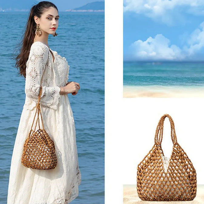 Exquisite Hollow-out Wooden Beaded Shoulder Handbag