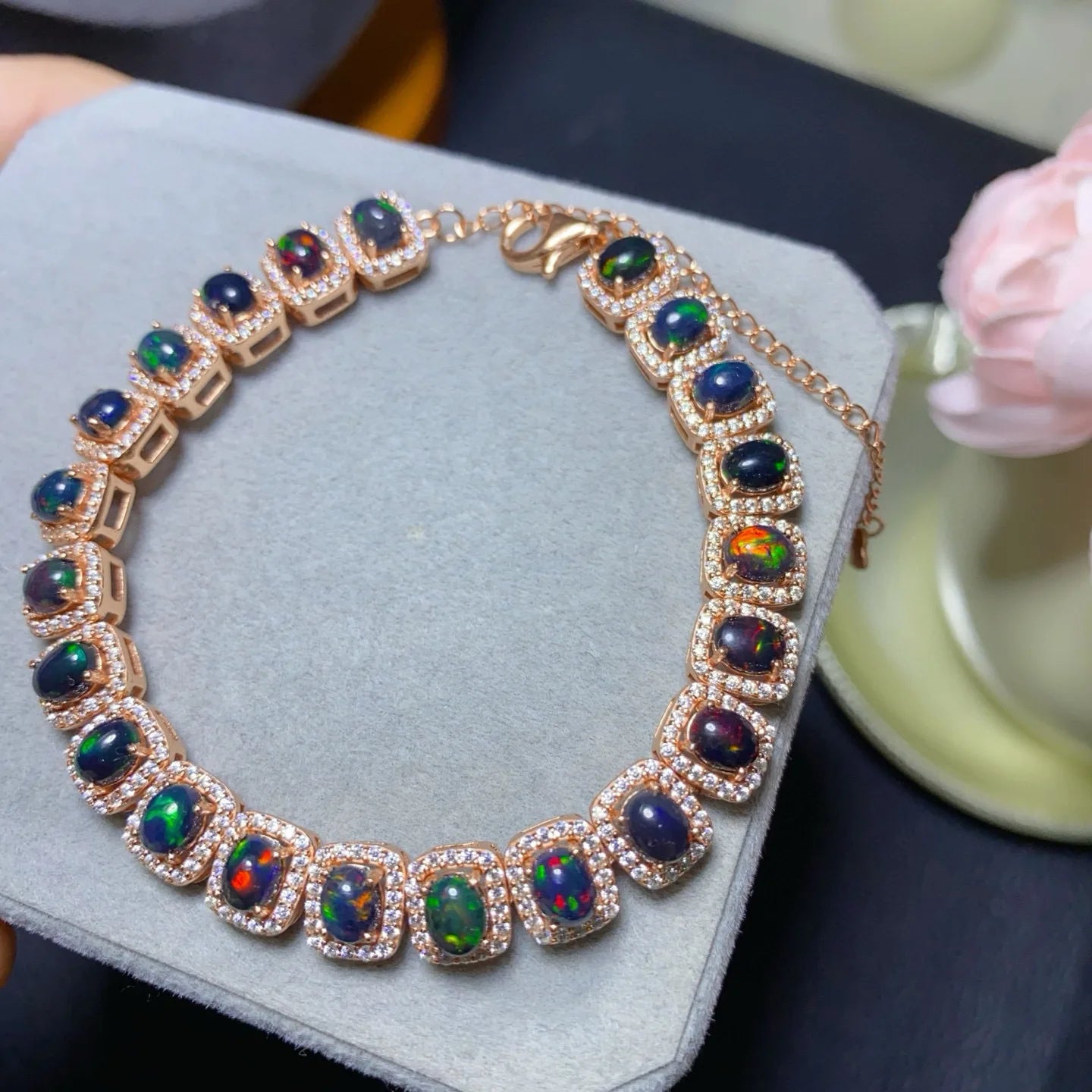 Natural Flash Fire Black Opal Bracelet 4*5mm Large Center Stone