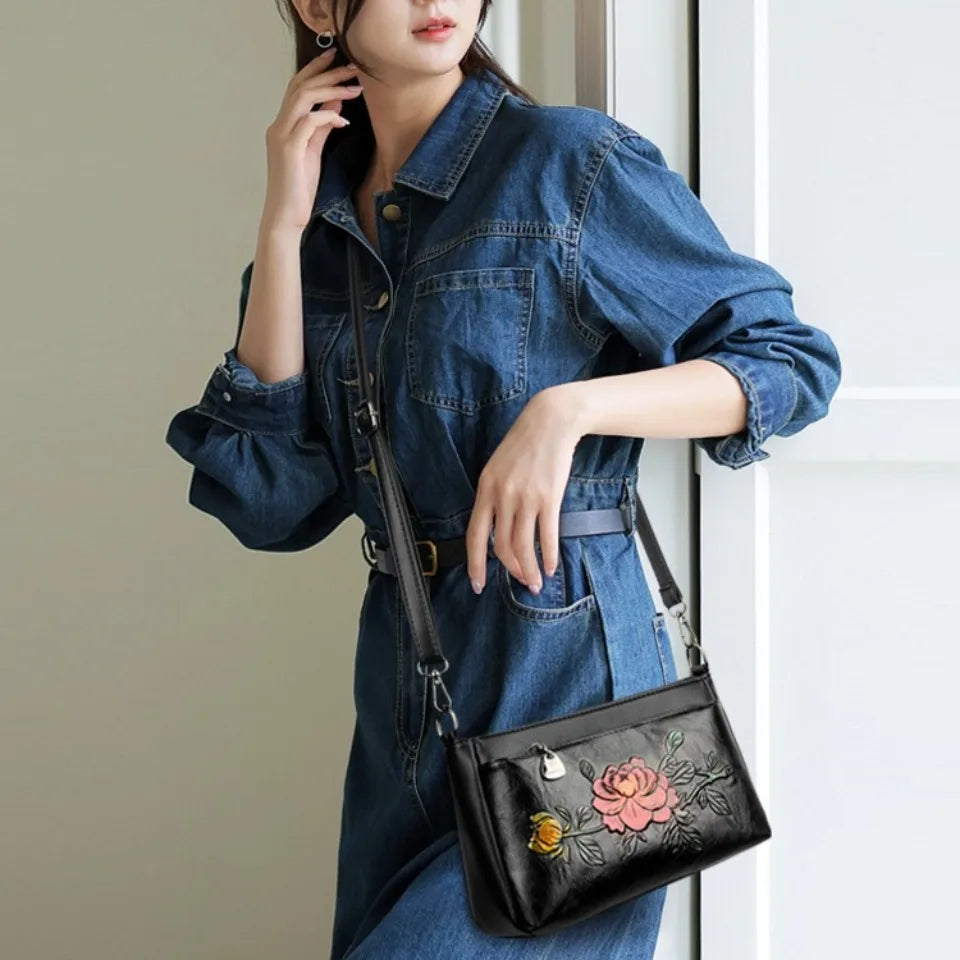 Genuine Brand Top Quality Pu Leather Vintage 3D Floral Embossed Elegant Handbag