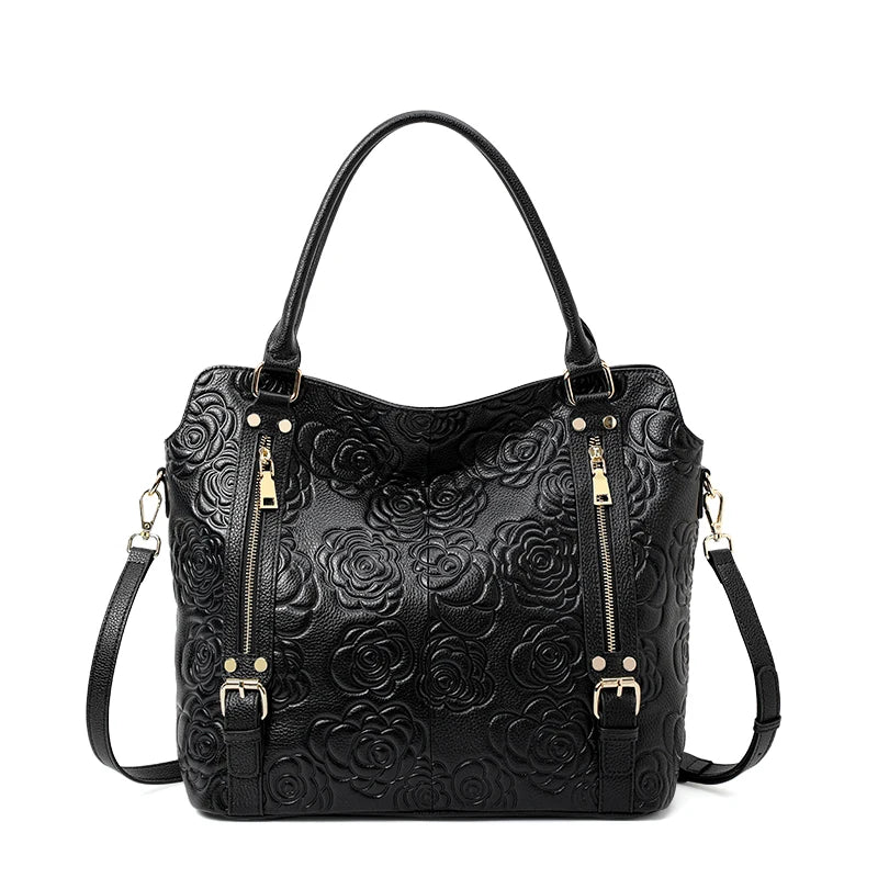 Rose Embossed Leather Tote Bag Gold Zippers and Buckles