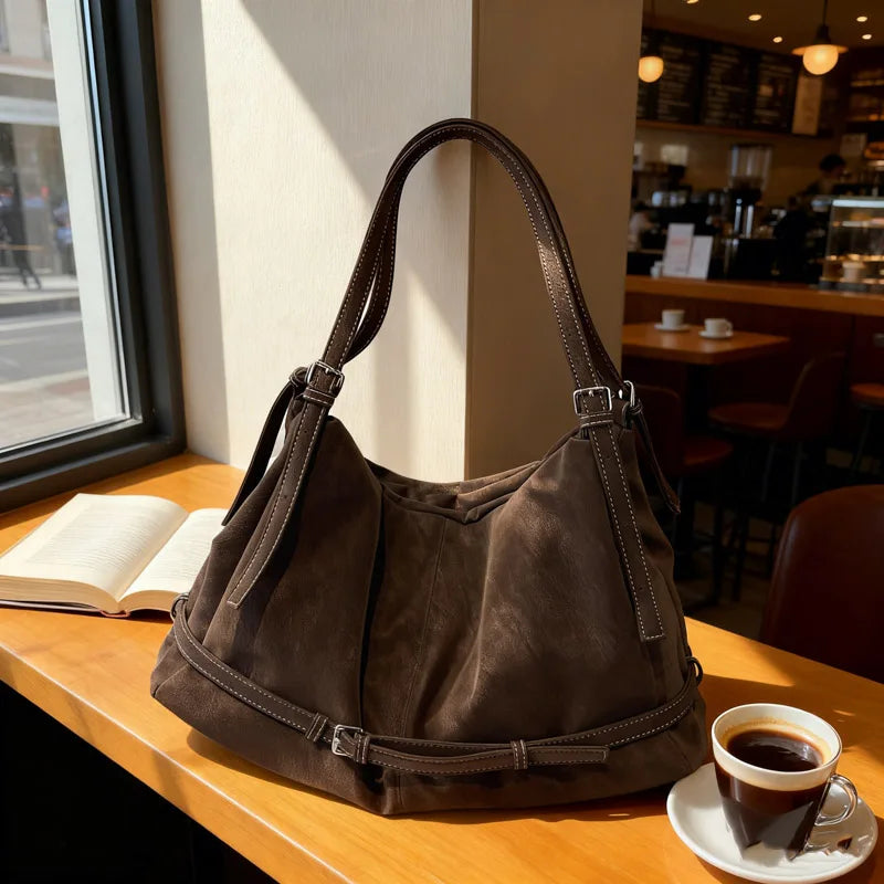 Retro Suede Tote Bag Large Capacity Shoulder Bag Trendy Metal Buckle Strap