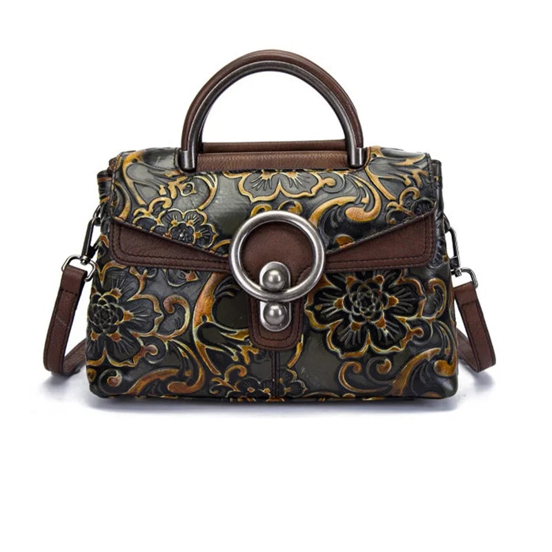 Floral Genuine Leather Tote Bag Vintage Shoulder Handbag