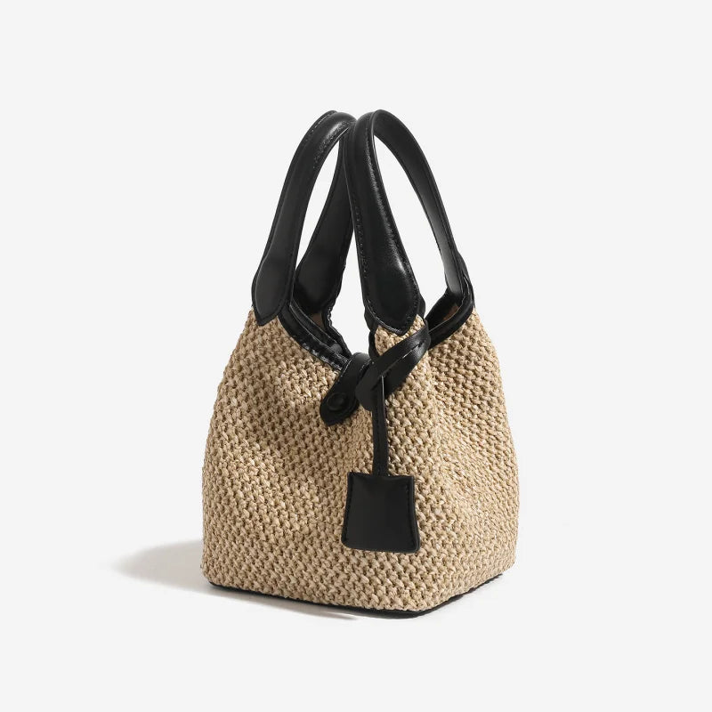 Straw Woven Bucket Bag Leather Handle Crossbody Bag