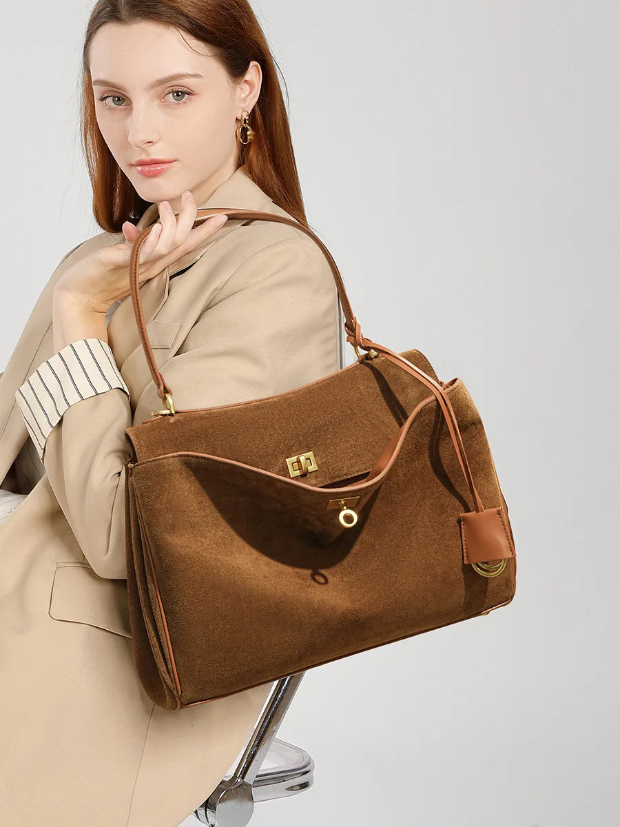 Women's Suede Genuine Leather Bag Shoulder Handbag Large Capacity Tote Handbag