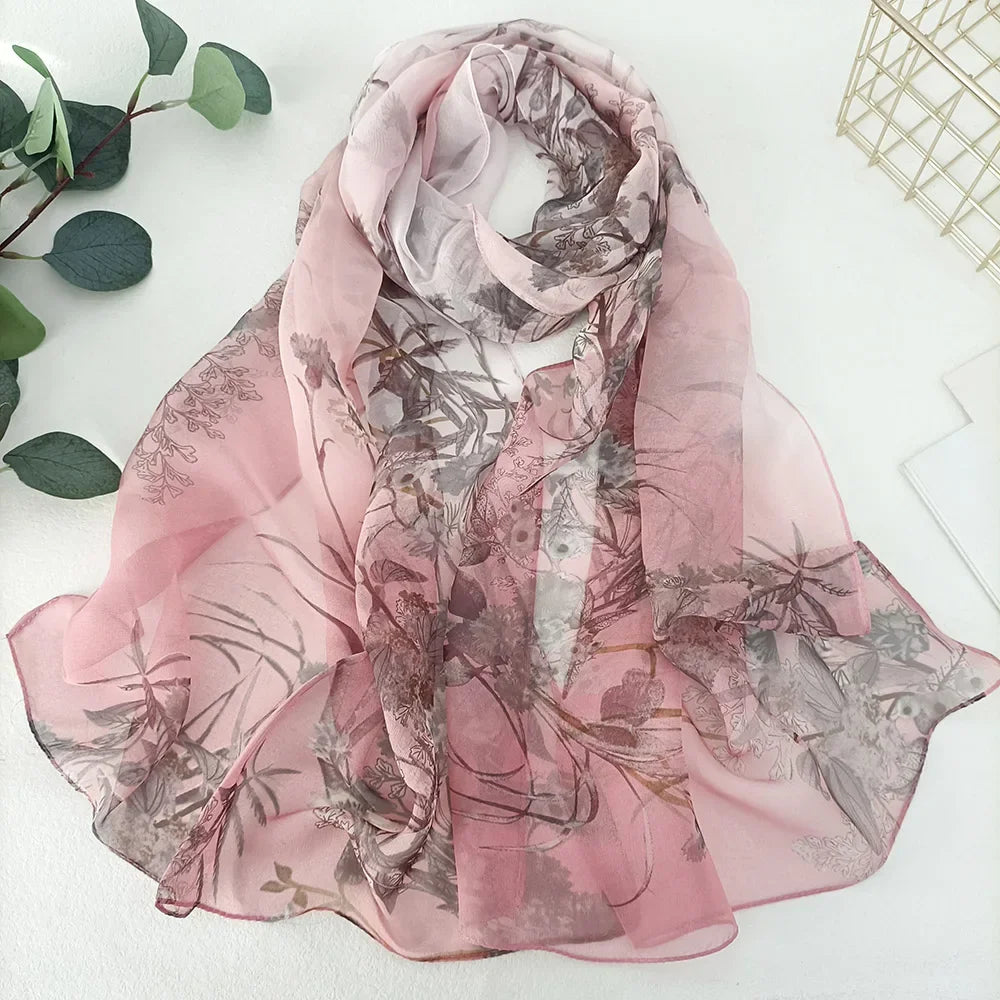 Women Elegant Chiffon Silk Scarves Fashion Versatile Flower Wraps Thin Scarf